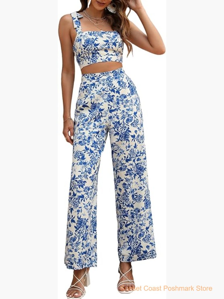 Floral Print Knot Shoulder Crop Top Maxi Pants Set